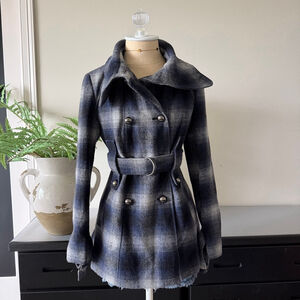 Moda International Blue Plaid Wool Blend Pea Coat XS Belted Double Breasted
